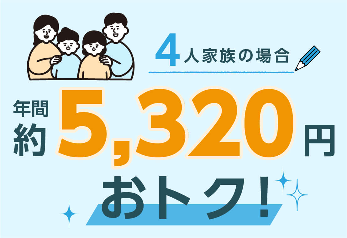 4人家族の場合、年間約5320円おトク！